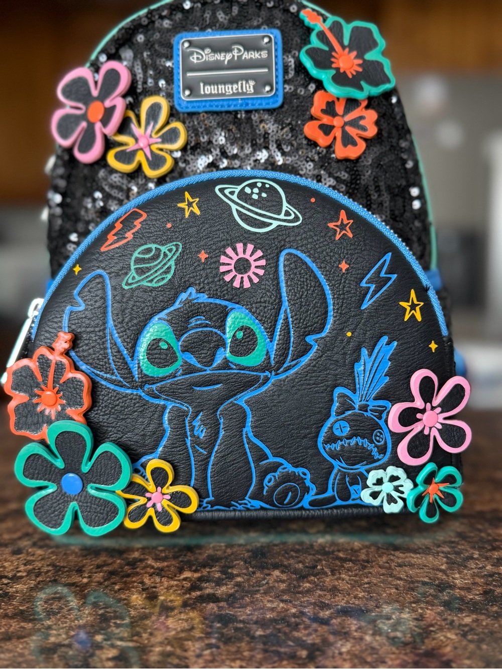 Loungefly Black Neon Stitch & Angel Floral Mini Backpack